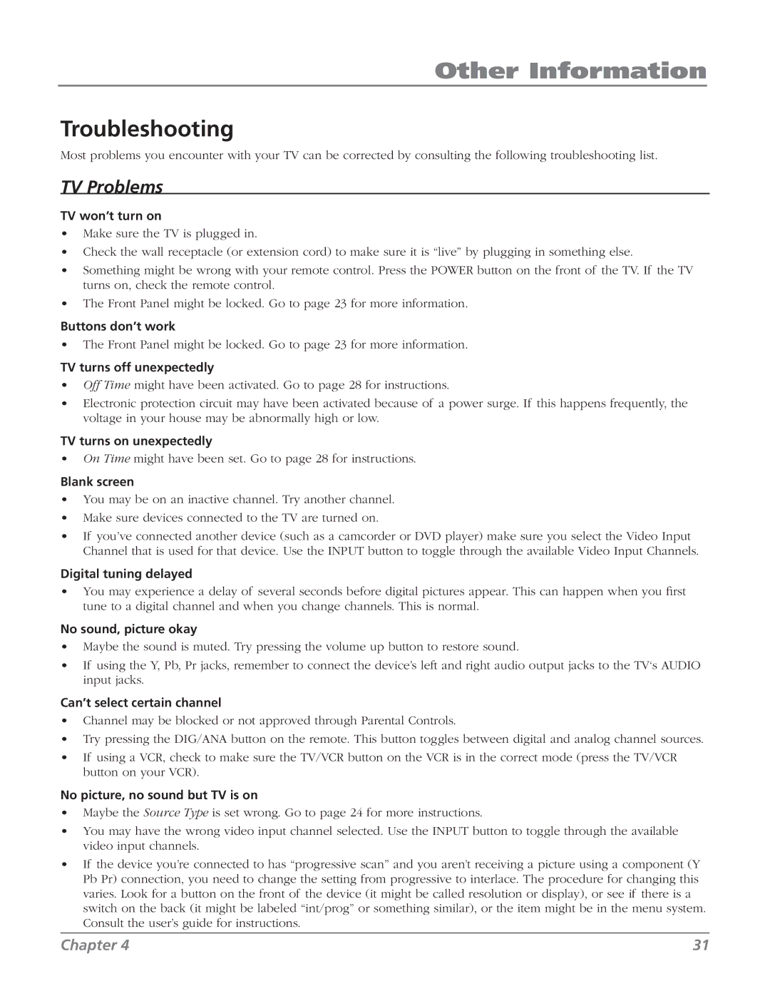 RCA 20F524T manual Other Information, Troubleshooting 