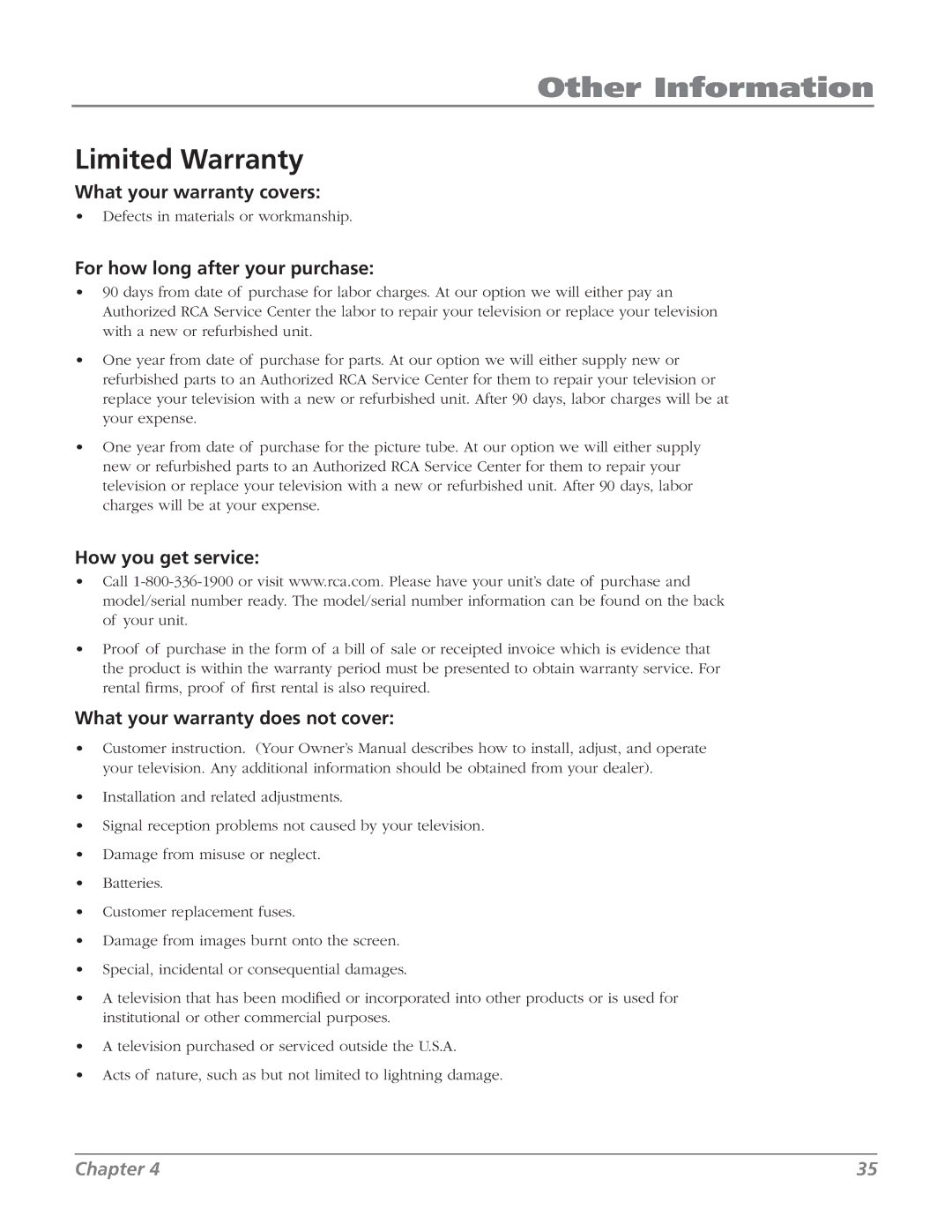 RCA 20F524T manual Limited Warranty, What your warranty covers, For how long after your purchase, How you get service 