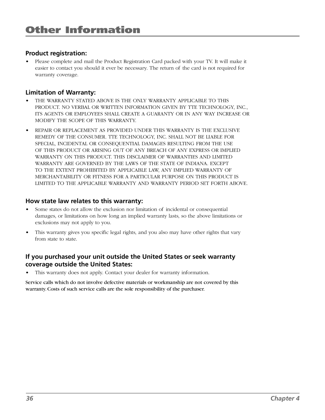 RCA 20F524T manual Product registration, Limitation of Warranty, How state law relates to this warranty 