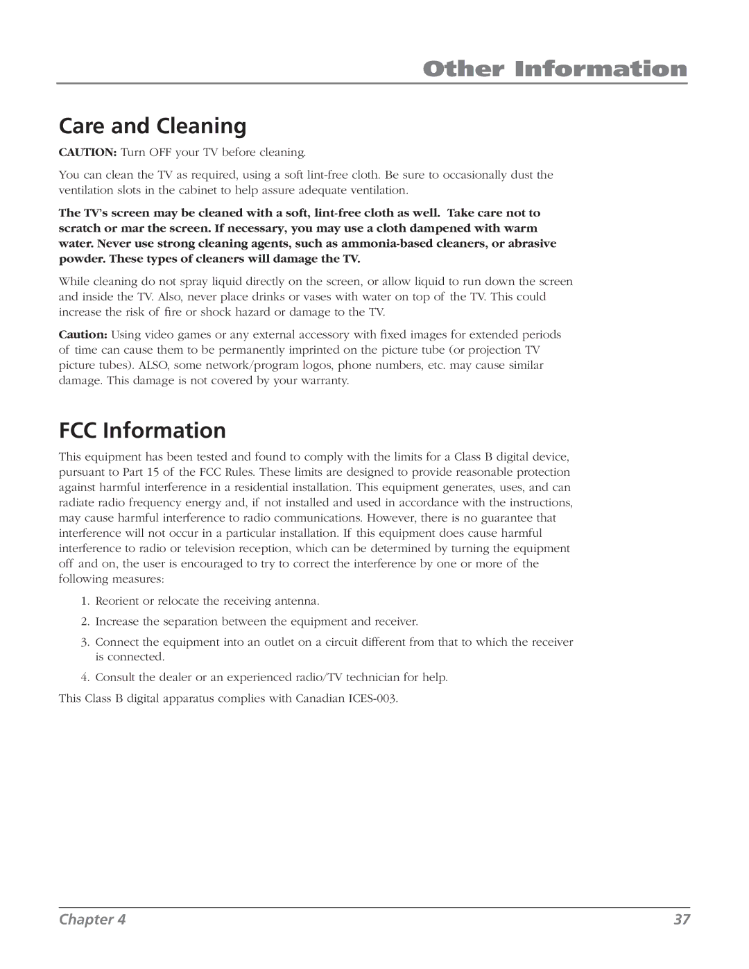 RCA 20F524T manual Care and Cleaning, FCC Information 