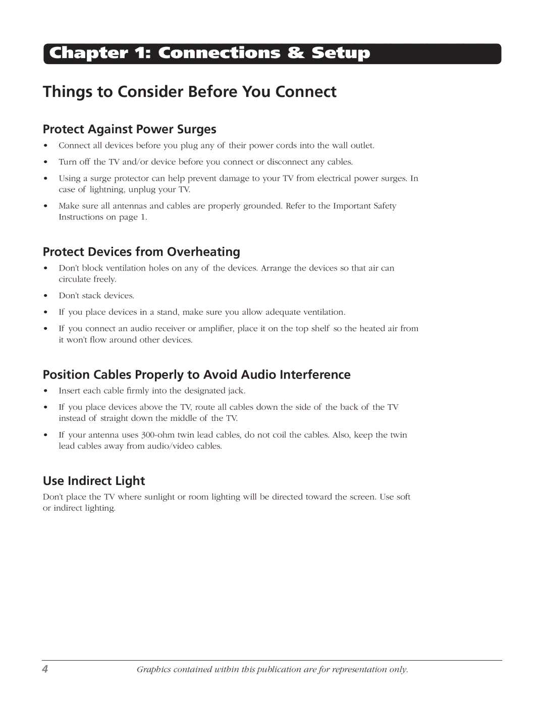 RCA 20F524T manual Things to Consider Before You Connect, Protect Against Power Surges, Protect Devices from Overheating 