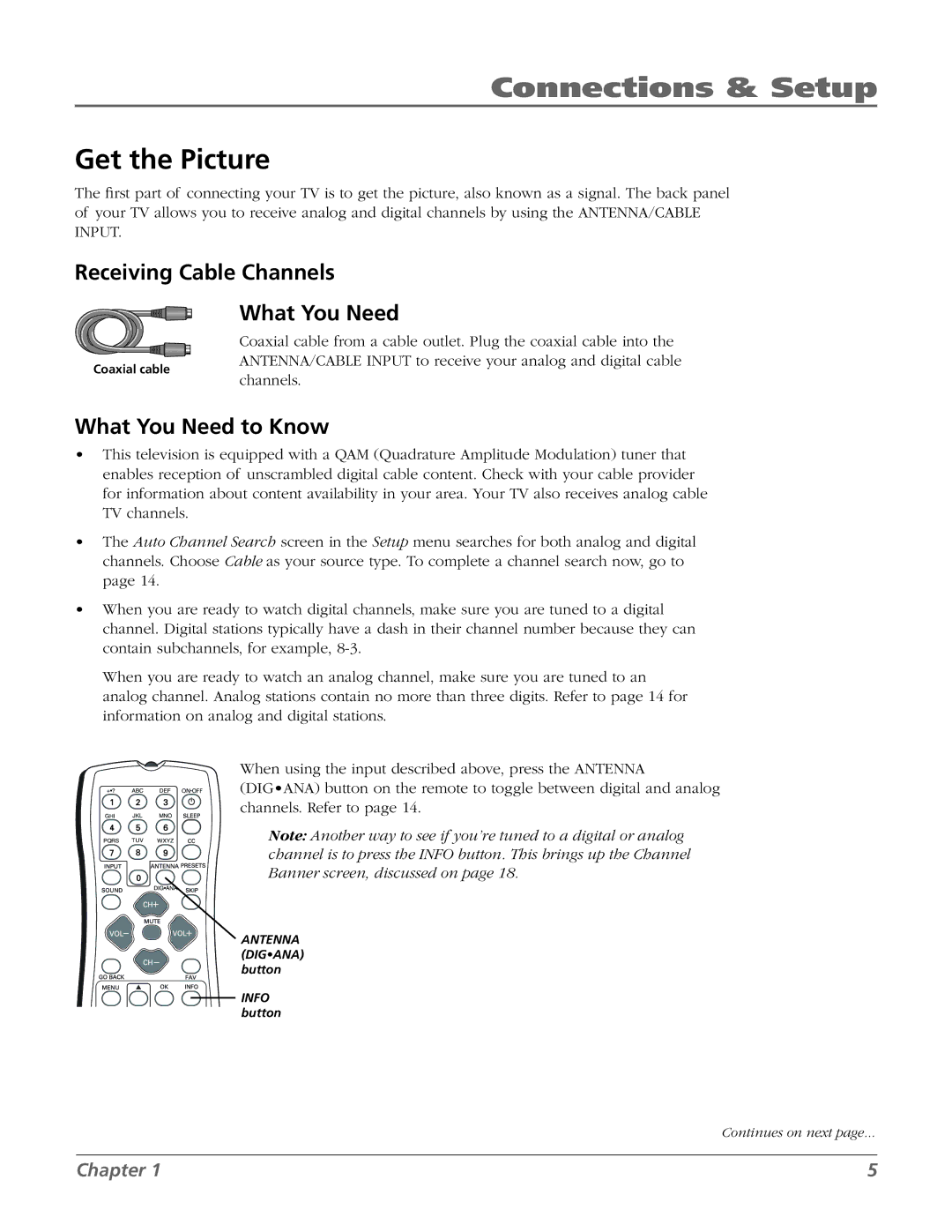 RCA 20F524T manual Connections & Setup, Get the Picture, Receiving Cable Channels, What You Need to Know 