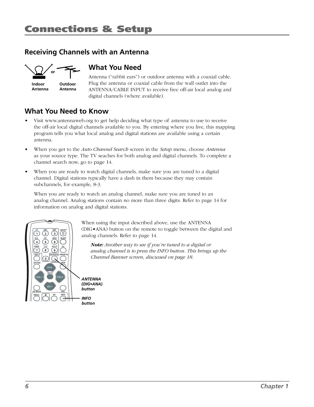 RCA 20F524T manual Receiving Channels with an Antenna 