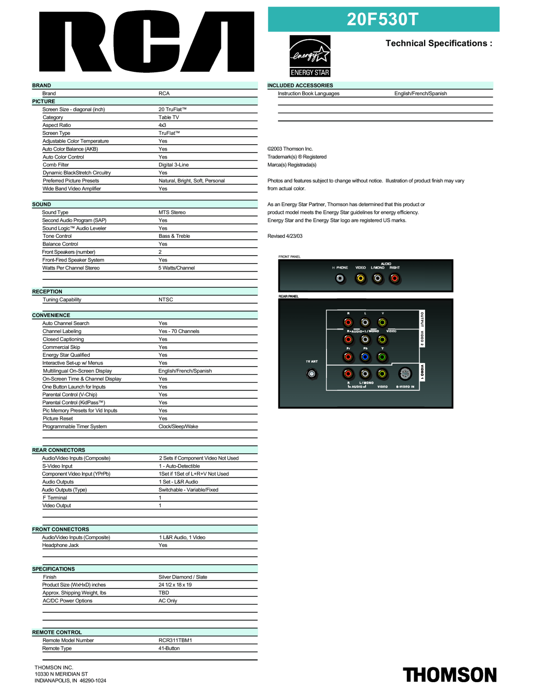RCA 20F530T manual Technical Specifications 