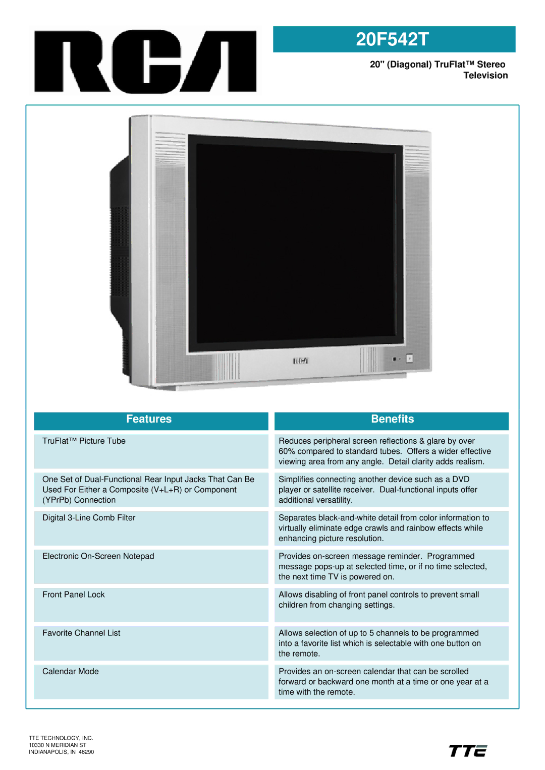RCA 20F542T manual Features Benefits, Diagonal TruFlat Stereo Television 