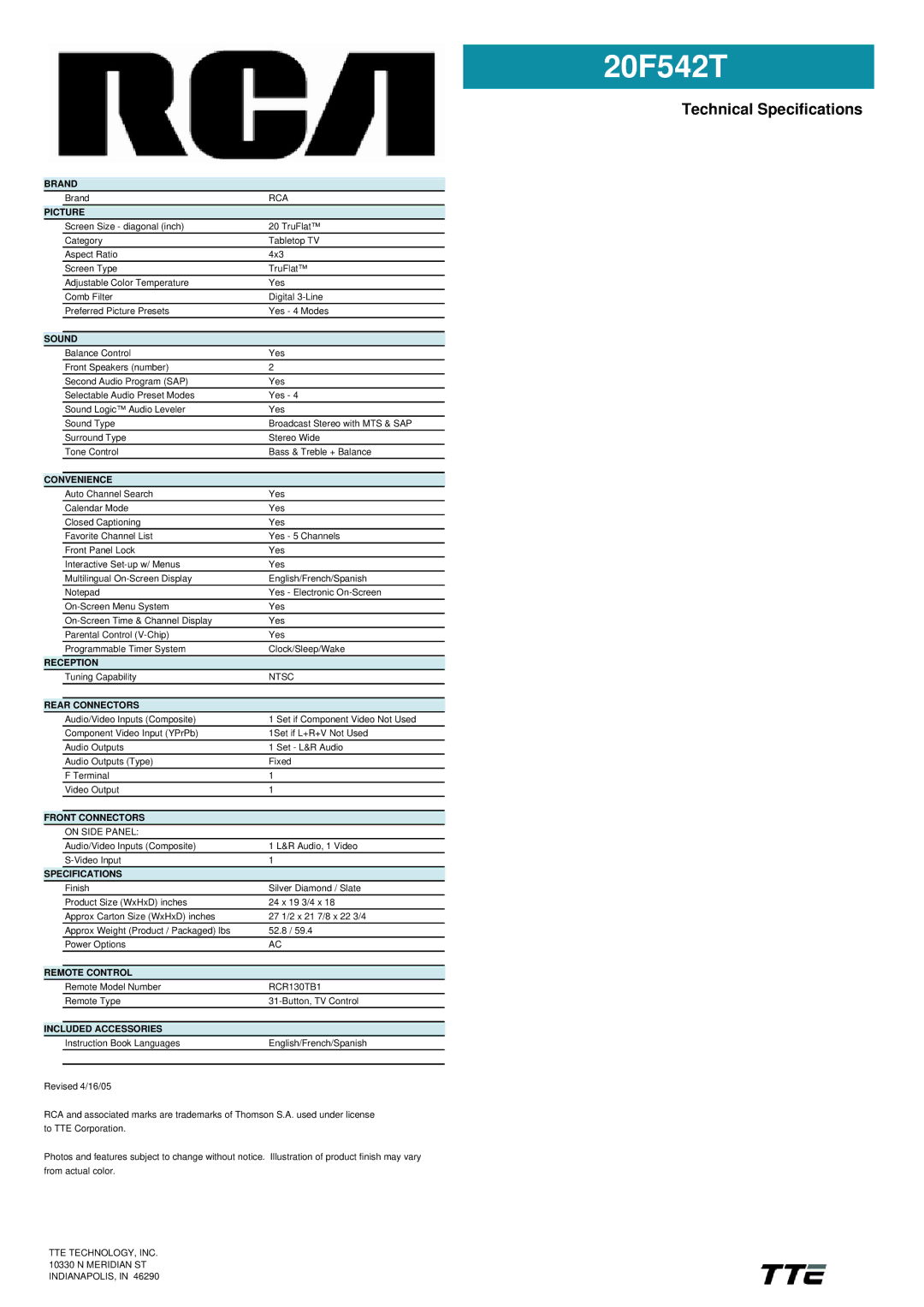 RCA 20F542T manual Technical Specifications 