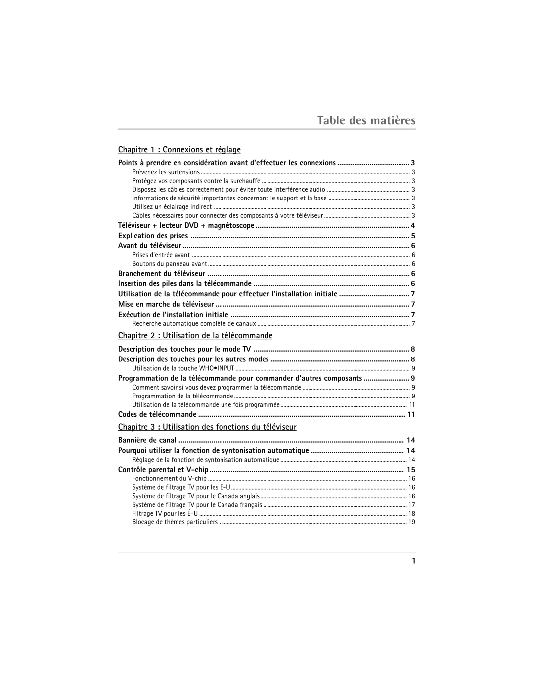 RCA 20F650T manual Chapitre 1 Connexions et réglage, Chapitre 2 Utilisation de la télécommande 