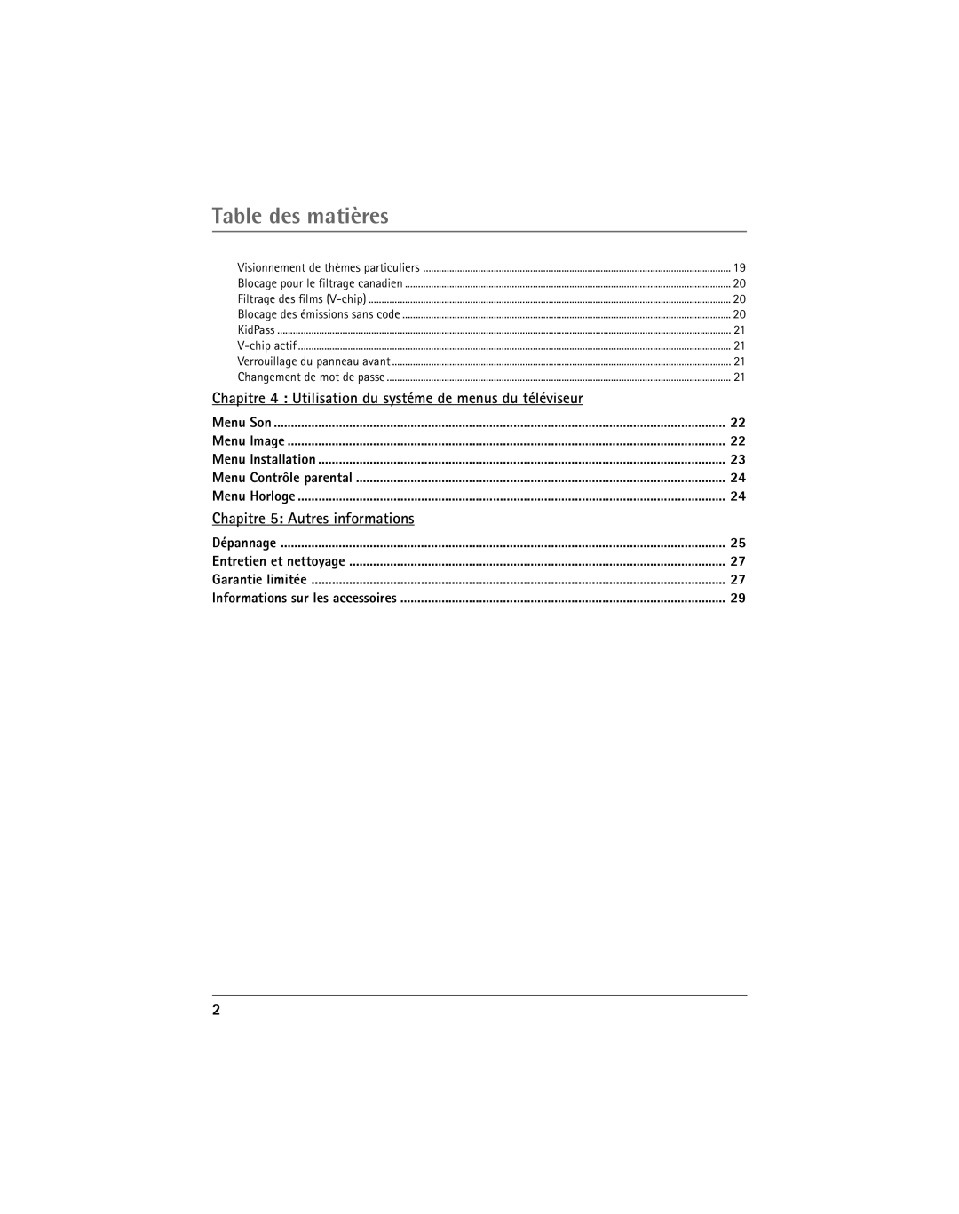 RCA 20F650T Table des matières, Chapitre 4 Utilisation du systéme de menus du téléviseur, Chapitre 5 Autres informations 