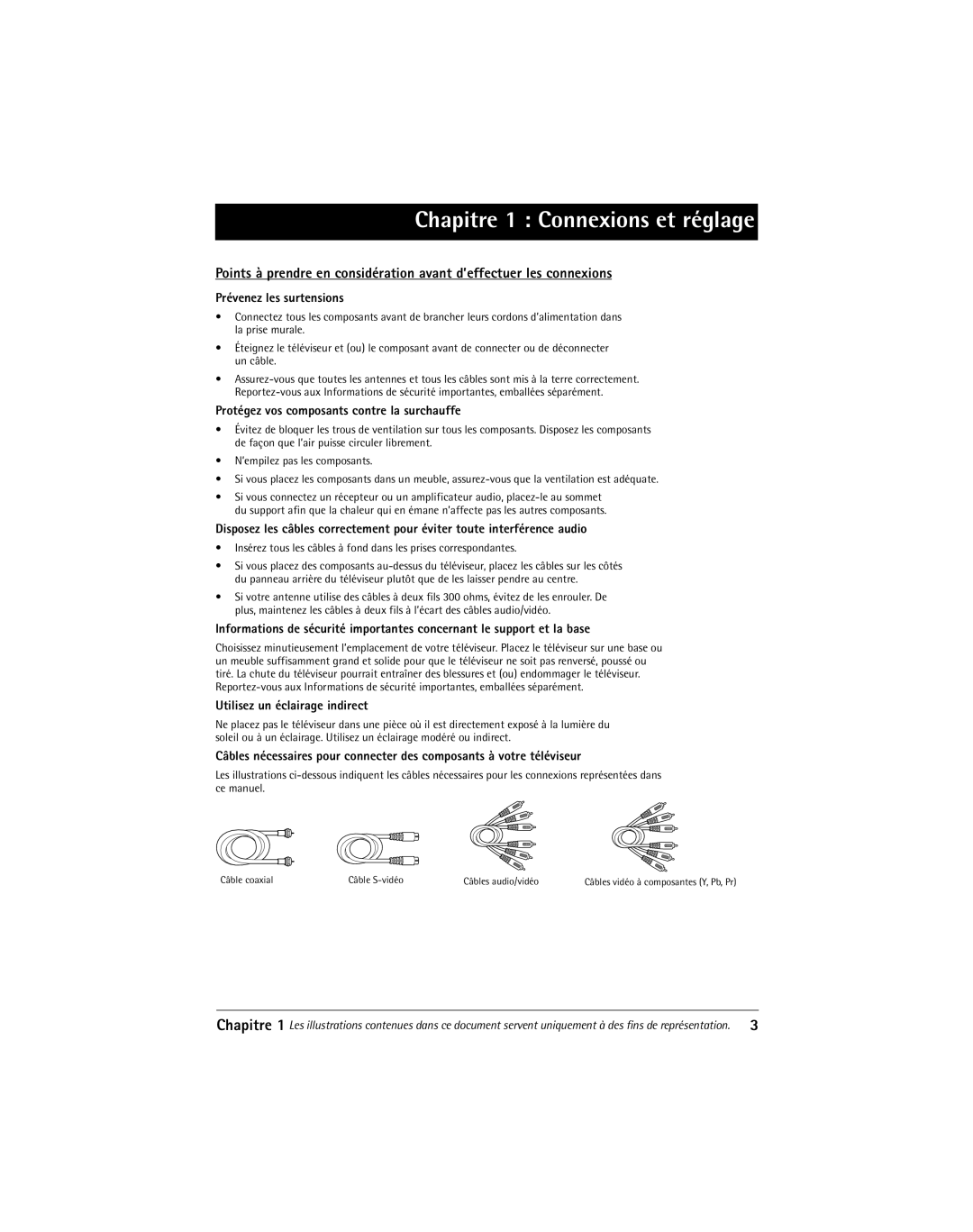 RCA 20F650T manual Chapitre 1 Connexions et réglage, Prévenez les surtensions, Protégez vos composants contre la surchauffe 