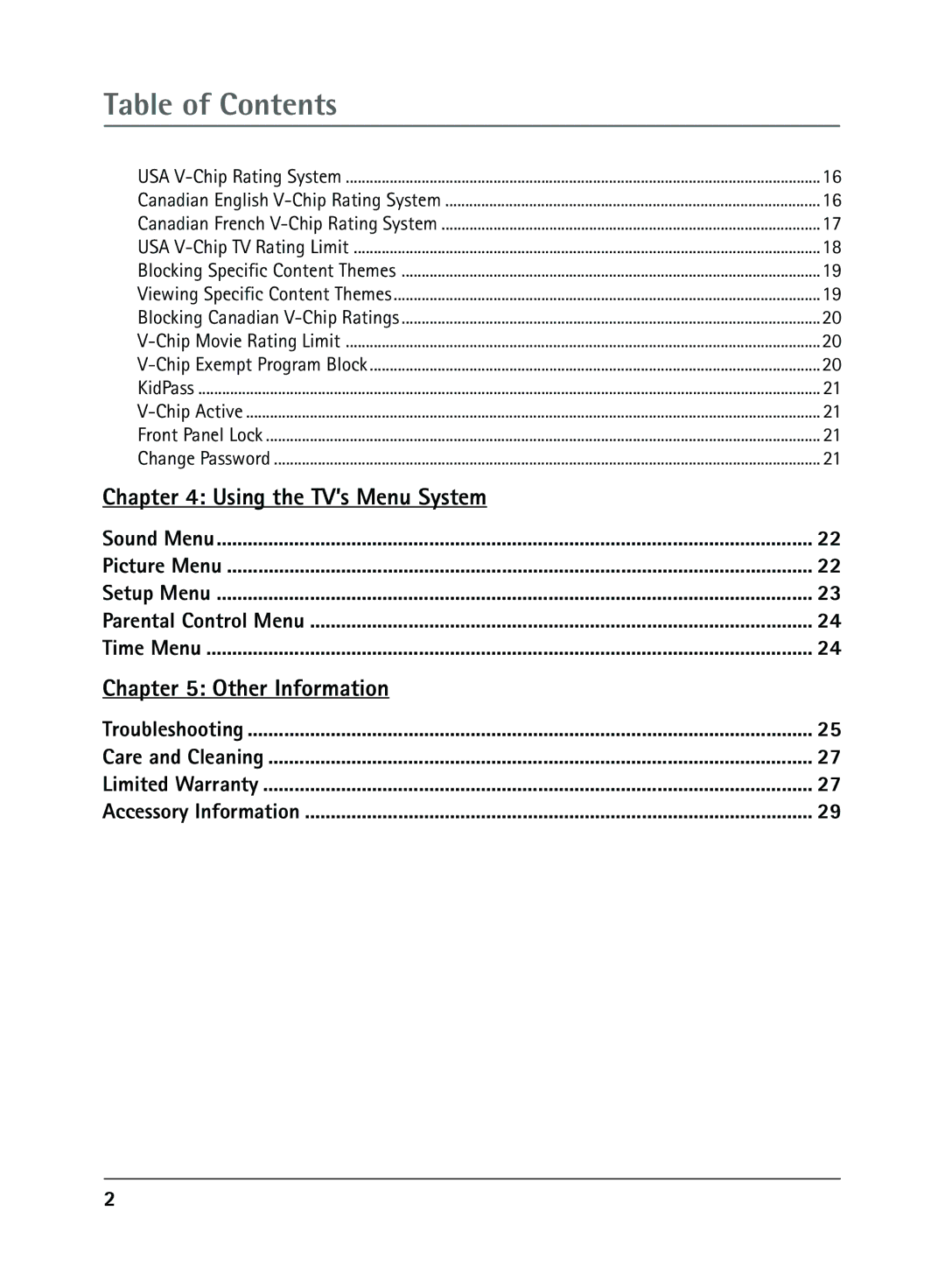 RCA 20F650T manual Table of Contents 