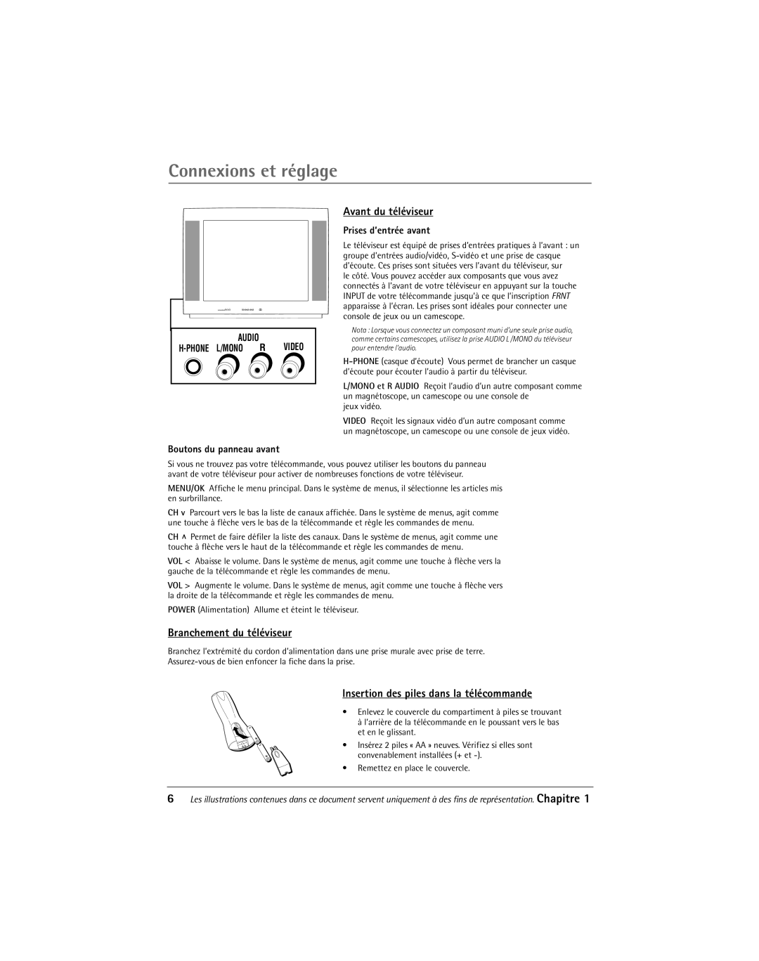 RCA 20F650T manual Avant du téléviseur, Branchement du téléviseur, Insertion des piles dans la télécommande 