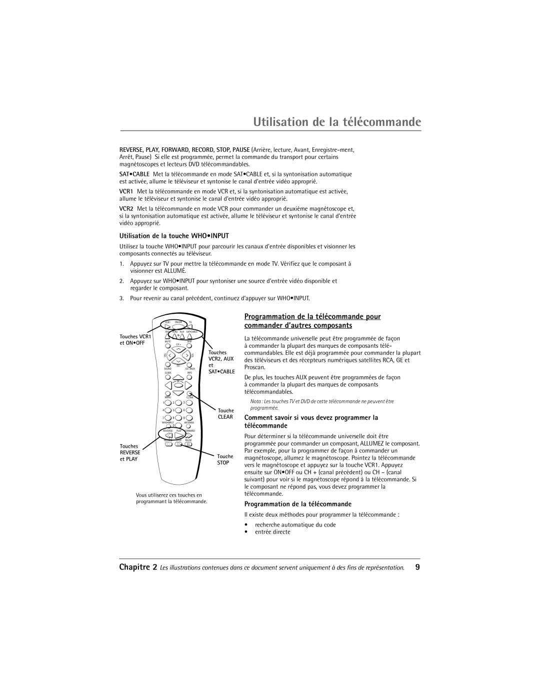 RCA 20F650T manual Utilisation de la télécommande, Utilisation de la touche Whoinput, Programmation de la télécommande 