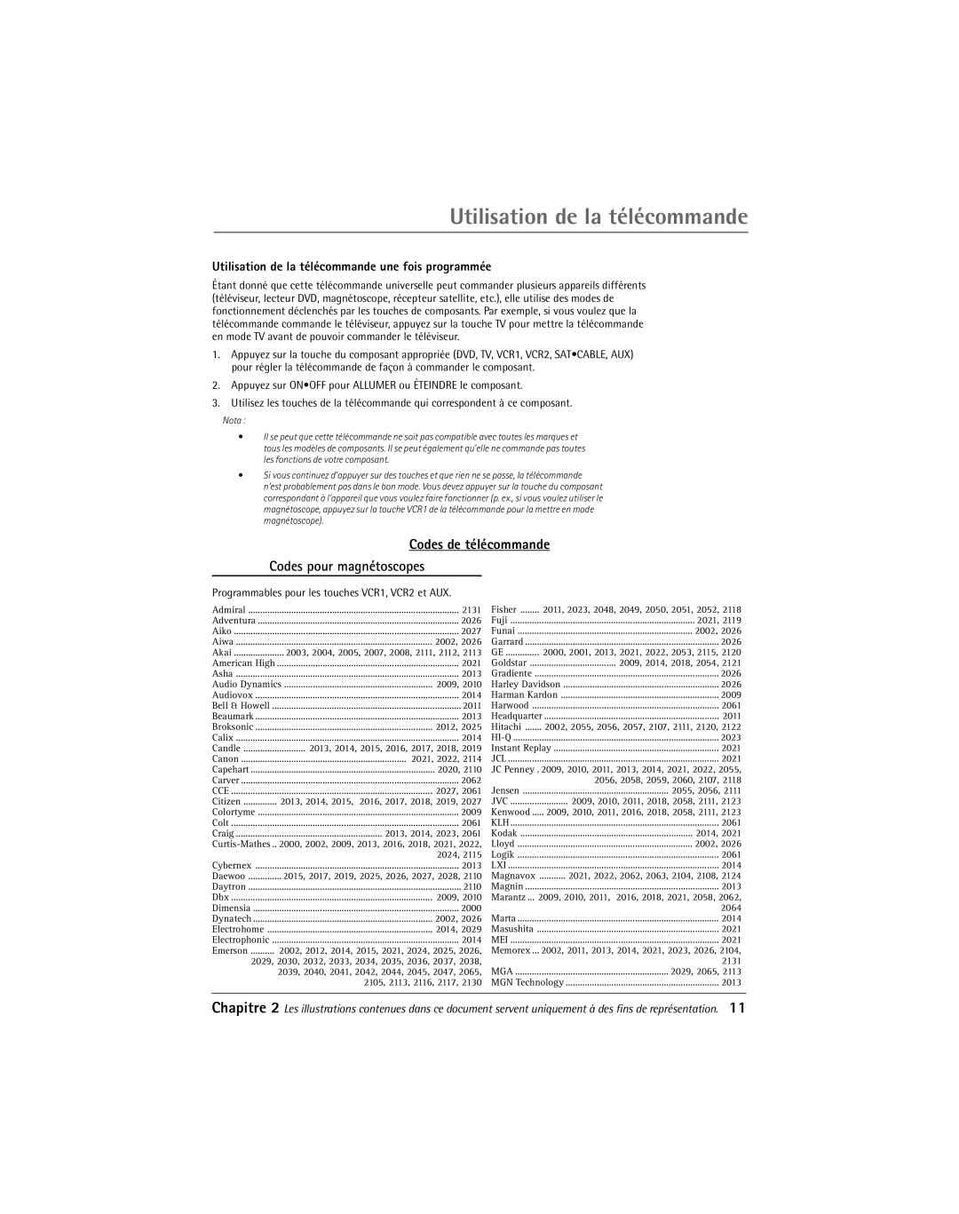 RCA 20F650T manual Codes de télécommande Codes pour magnétoscopes, Utilisation de la télécommande une fois programmée 