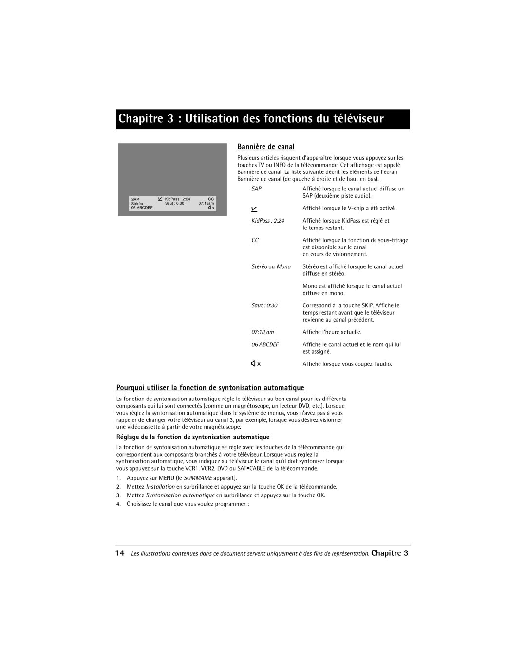 RCA 20F650T manual Chapitre 3 Utilisation des fonctions du téléviseur, Bannière de canal 