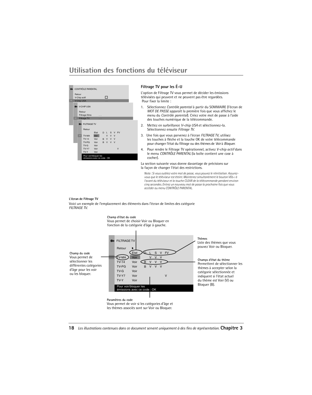 RCA 20F650T manual Filtrage TV pour les É-U, Une fois que vous parvenez ˆ lÕŽcran Filtrage TV, utilisez 