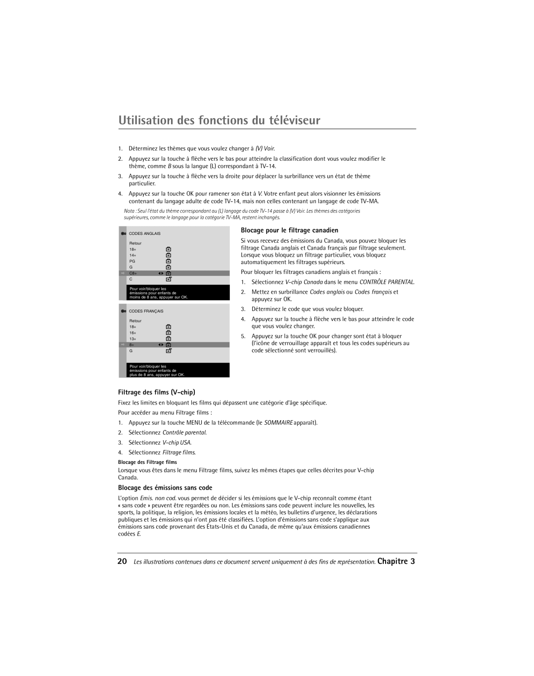 RCA 20F650T manual Blocage pour le filtrage canadien, Filtrage des films V-chip, Blocage des émissions sans code 