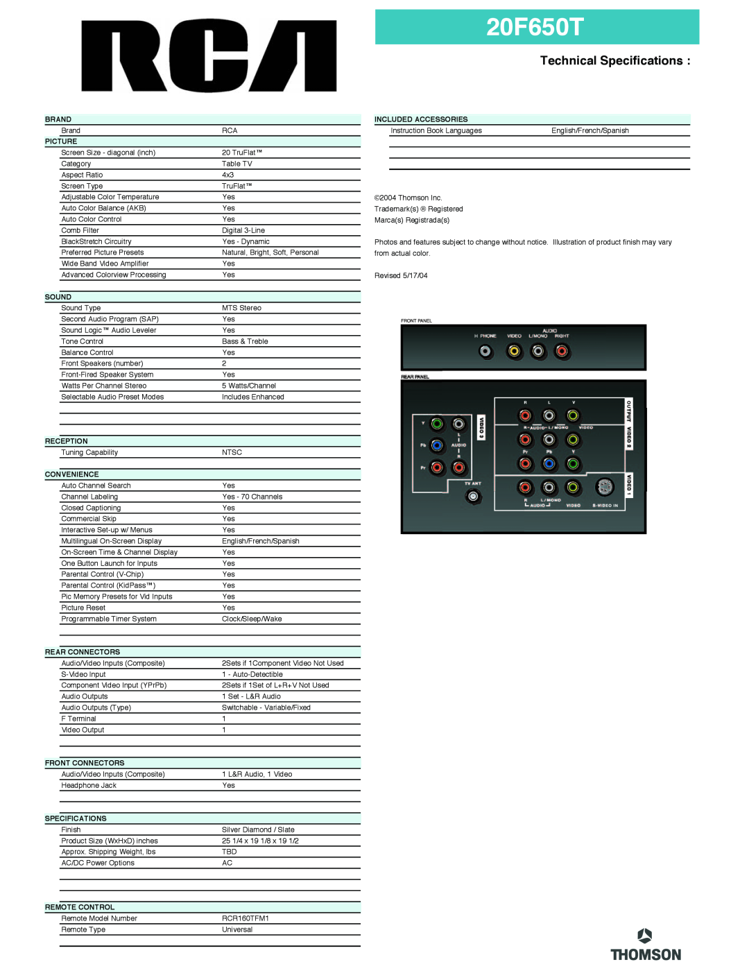 RCA 20F650T manual Technical Specifications 