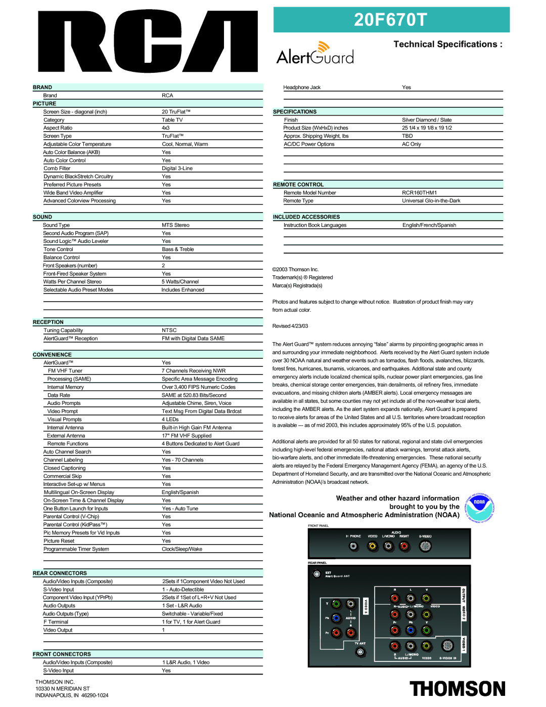 RCA 20F670T manual Brand, Picture, Sound, Reception, Convenience, Rear Connectors, Front Connectors, Specifications 