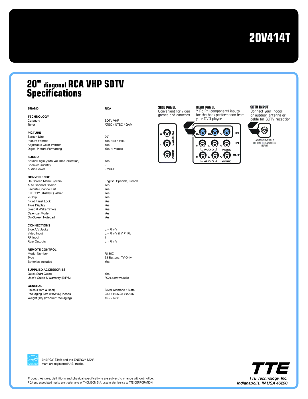 RCA 20V414T Brand RCA Technology, Picture, Sound, Convenience, Connections, Remote Control, Supplied Accessories, General 