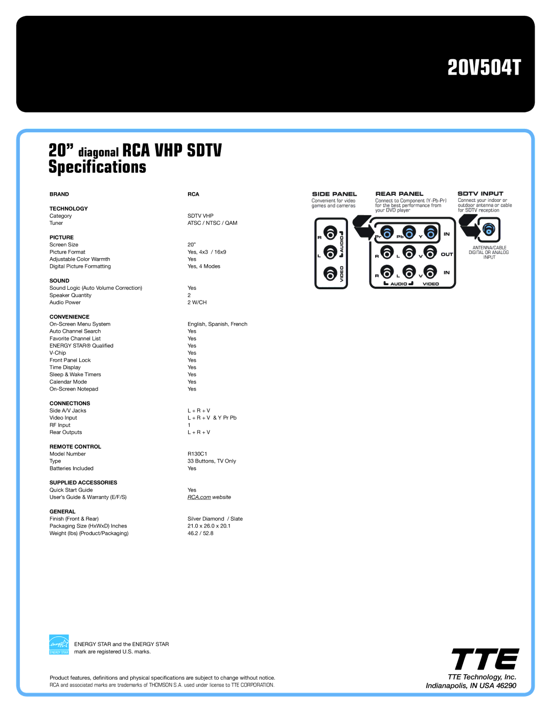 RCA 20V504T manual Diagonal RCA VHP Sdtv Specifications 