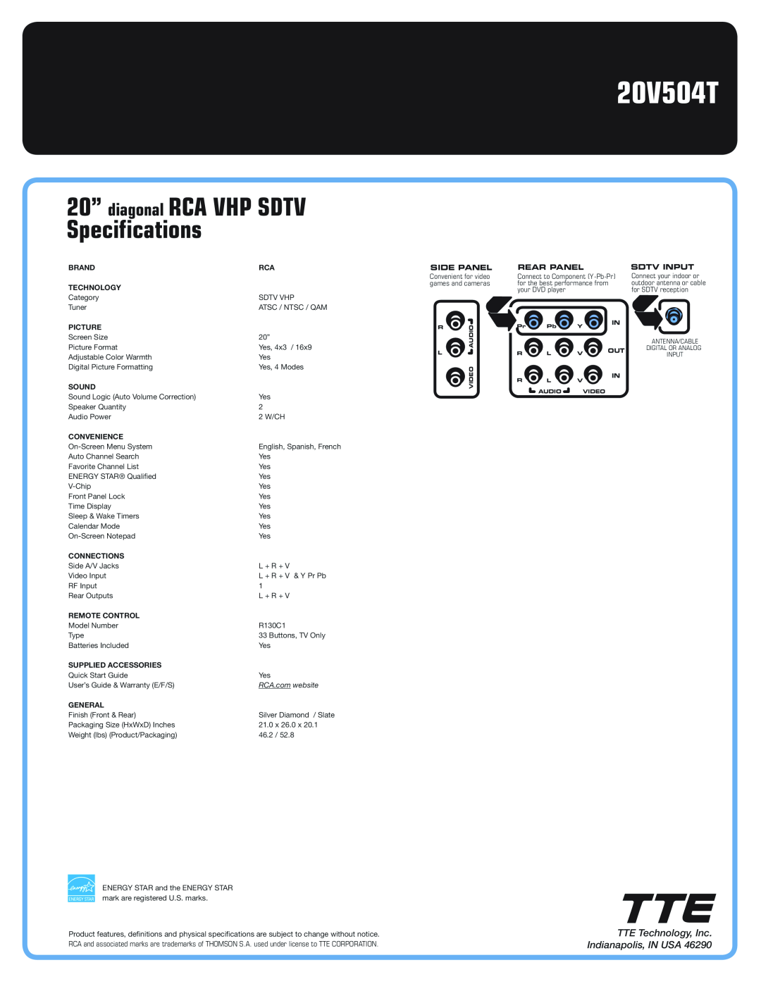 RCA 20V504T manual 20” diagonal RCA VHP SDTV Specifications, TTE Technology, Inc Indianapolis, IN USA, RCA.com website 