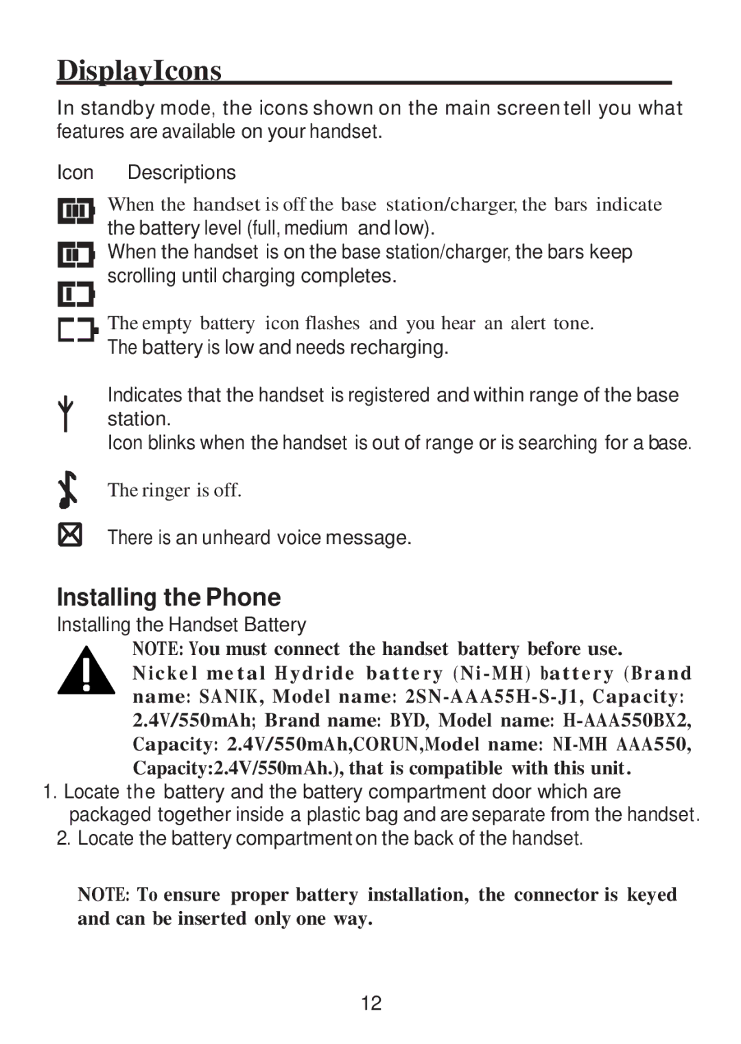 RCA 2101-4, 2101-2 DisplayIcons, Installing the Phone, There is an unheard voice message, Installing the Handset Battery 