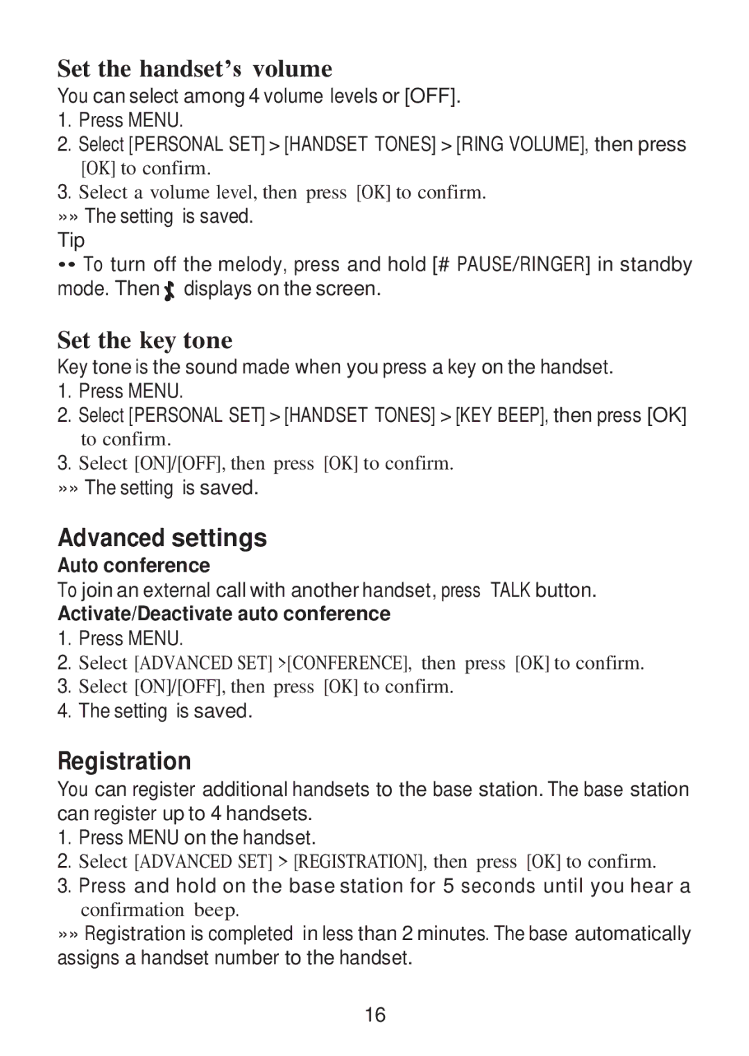 RCA 2101-4, 2101-2, 2101-3 manual Set the handset’s volume, Set the key tone, Advanced settings, Registration 