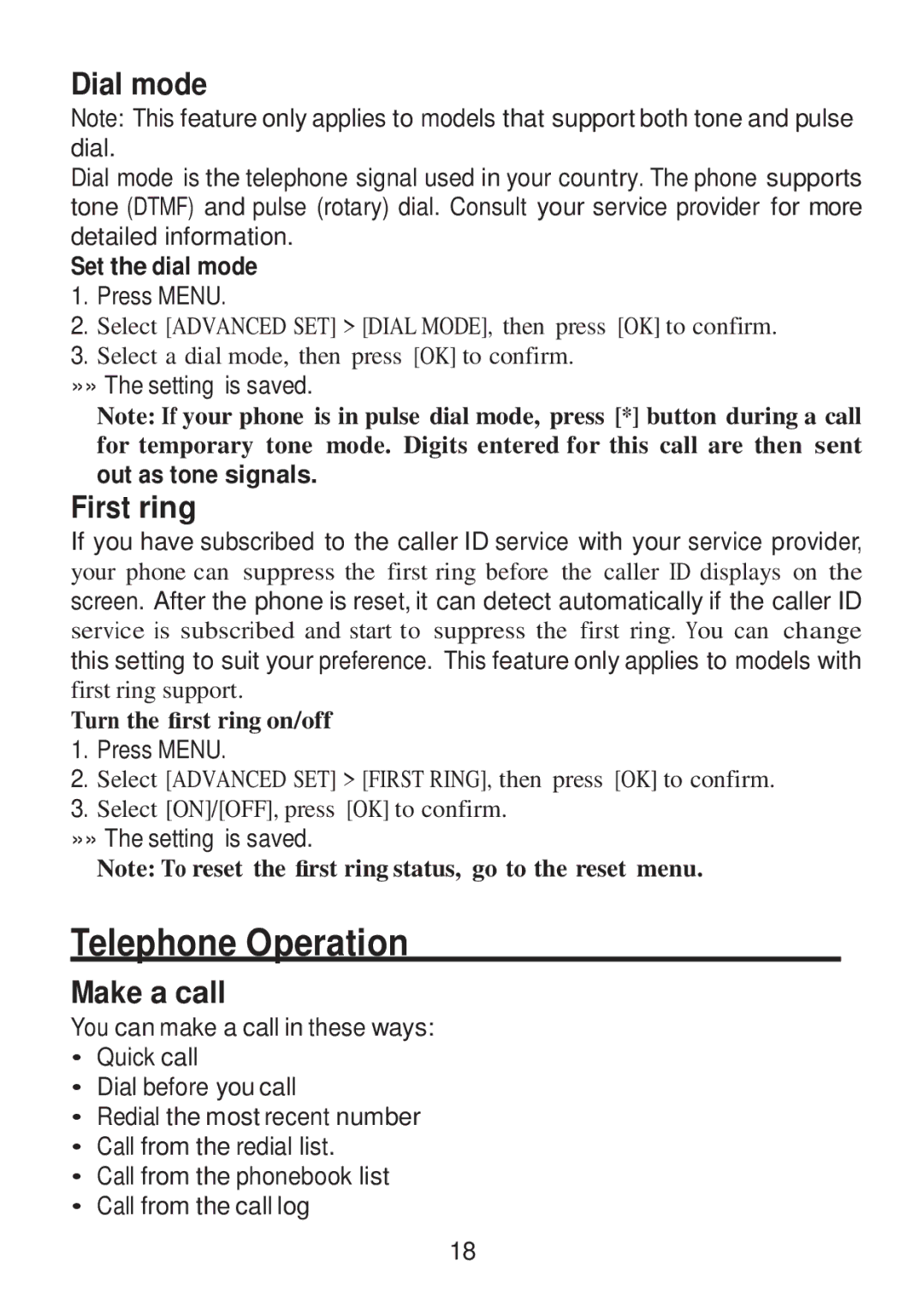 RCA 2101-3, 2101-4, 2101-2 manual Telephone Operation, Dial mode, First ring, Make a call, Set the dial mode 