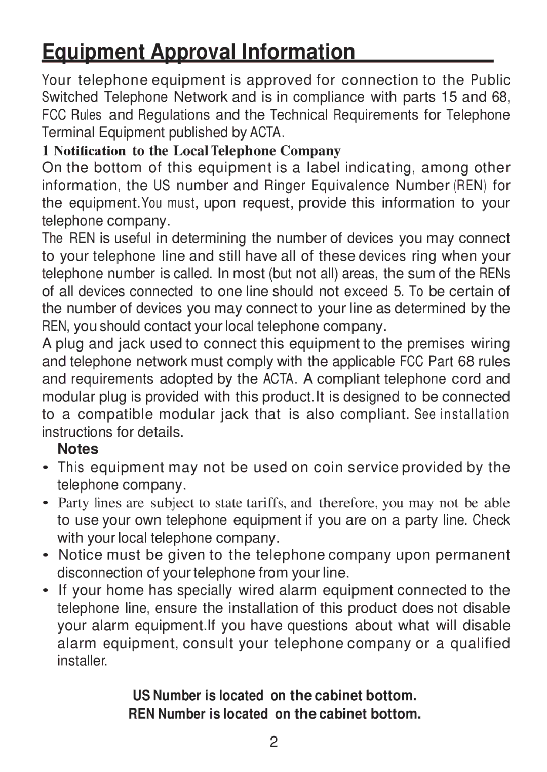 RCA 2101-3, 2101-4, 2101-2 manual Equipment Approval Information, Notiﬁcation to the Local Telephone Company 