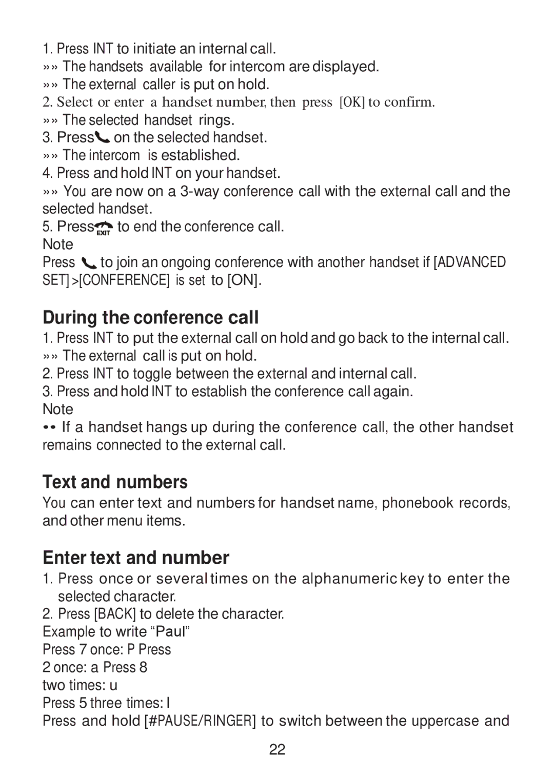 RCA 2101-3, 2101-4, 2101-2 manual During the conference call, Text and numbers, Enter text and number 