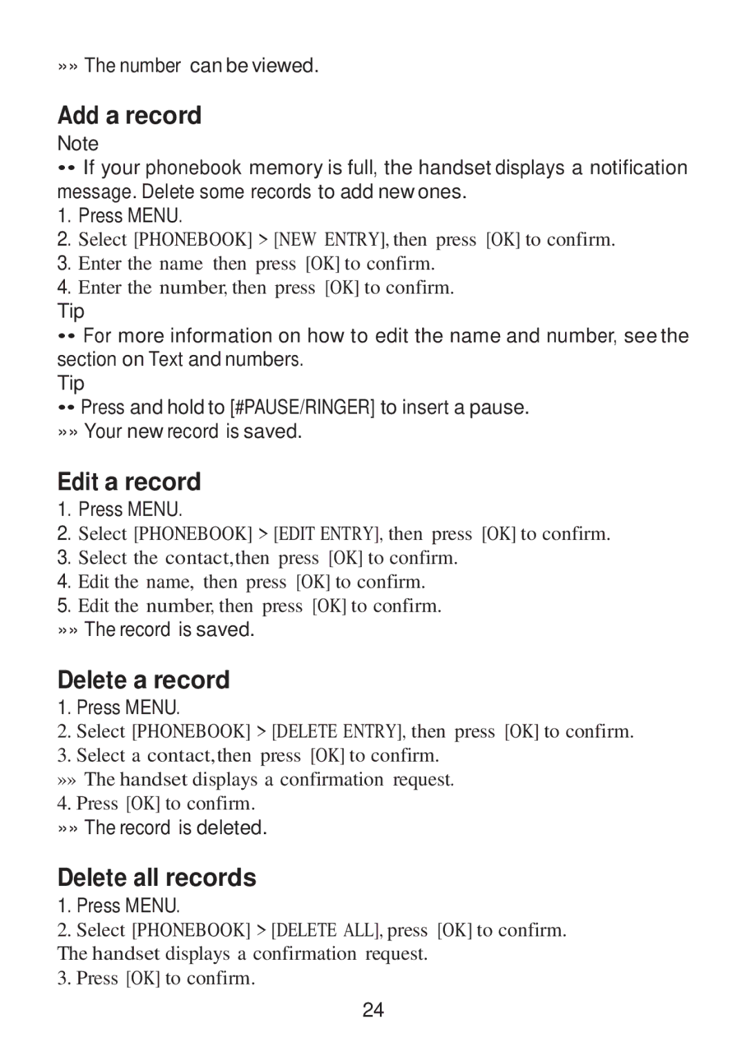 RCA 2101-4, 2101-2, 2101-3 manual Add a record, Edit a record, Delete a record, Delete all records 