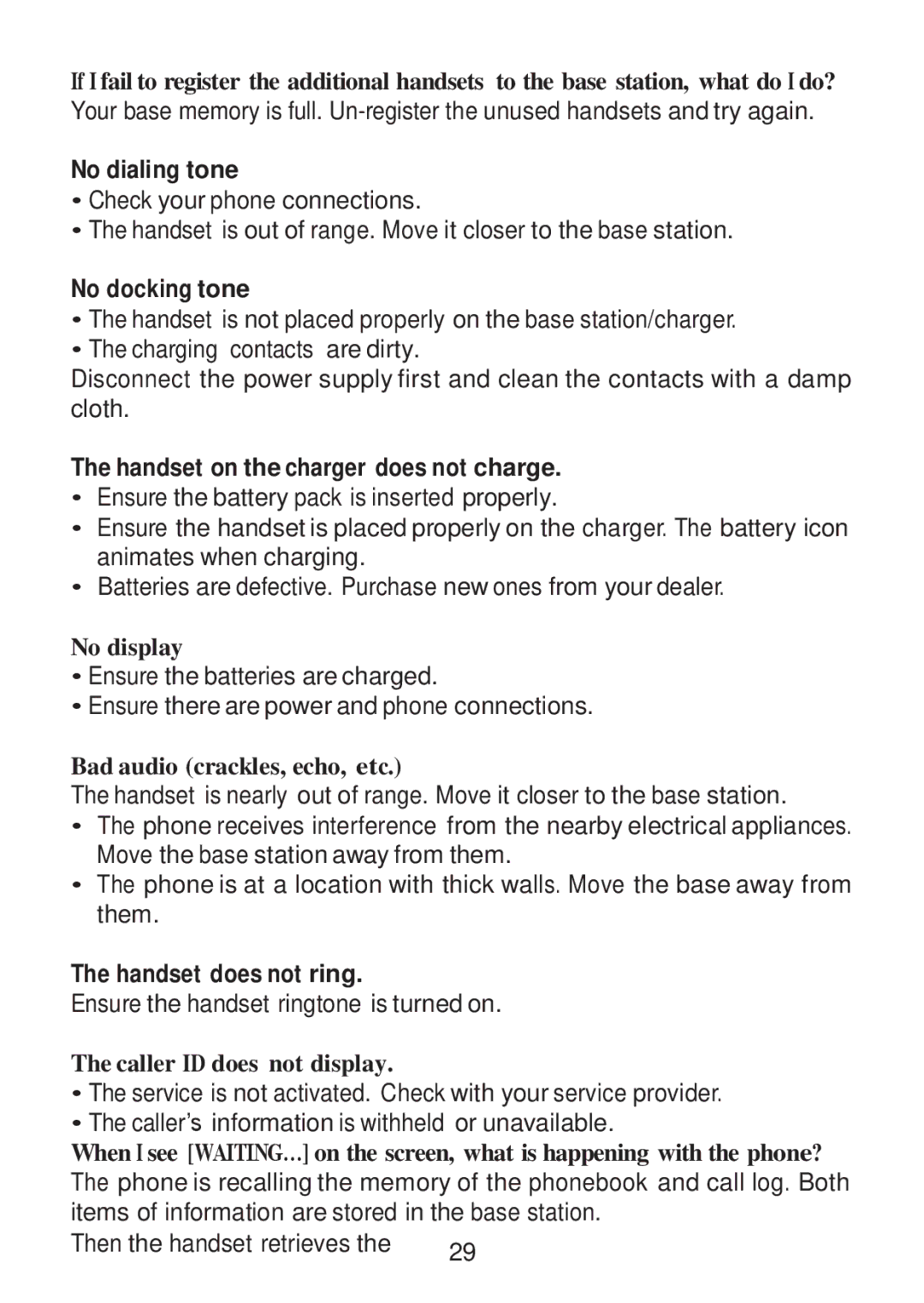 RCA 2101-2, 2101-4, 2101-3 No dialing tone, No docking tone, Handset on the charger does not charge, Handset does not ring 