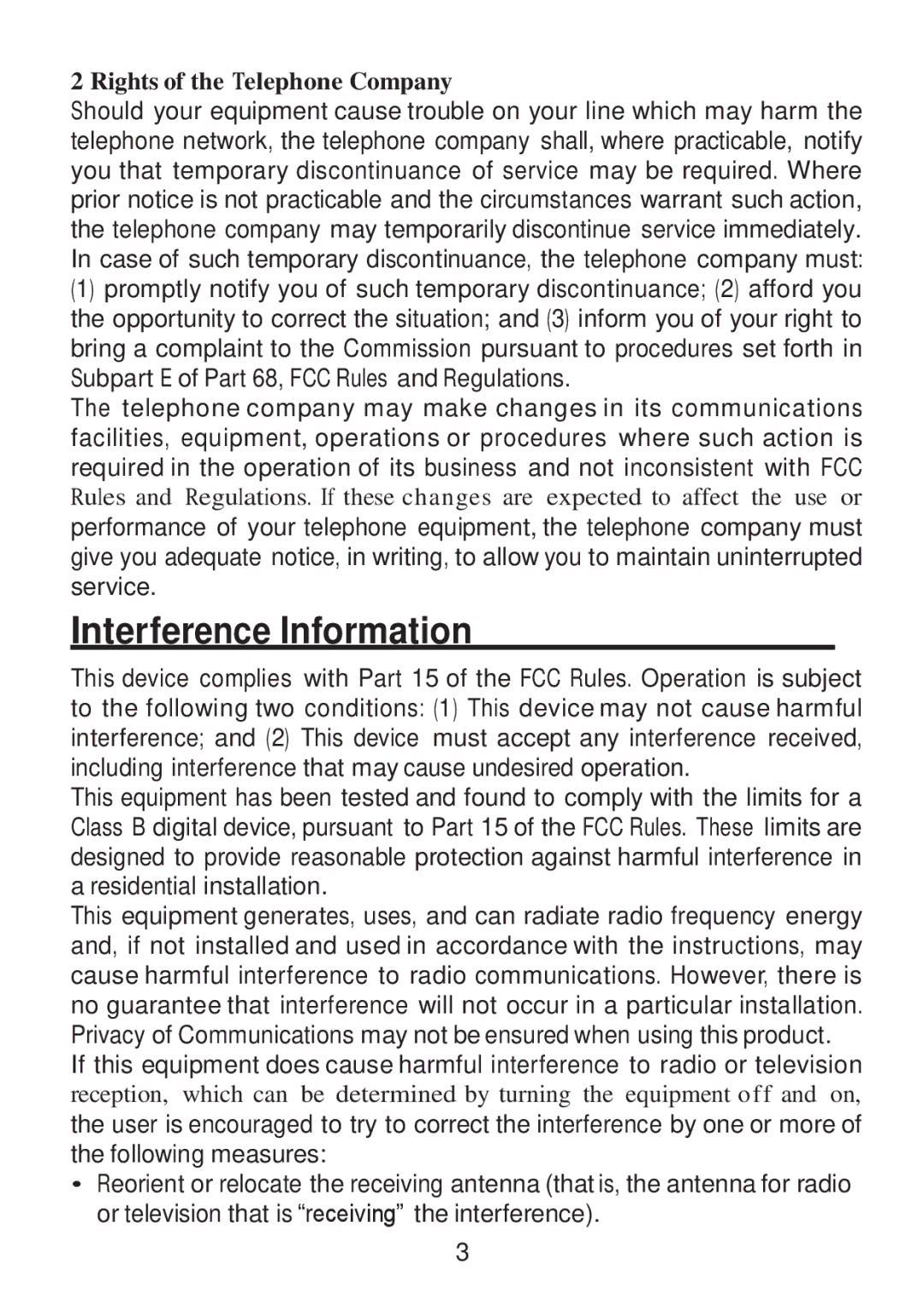 RCA 2101-4, 2101-2, 2101-3 manual Interference Information, Rights of the Telephone Company 