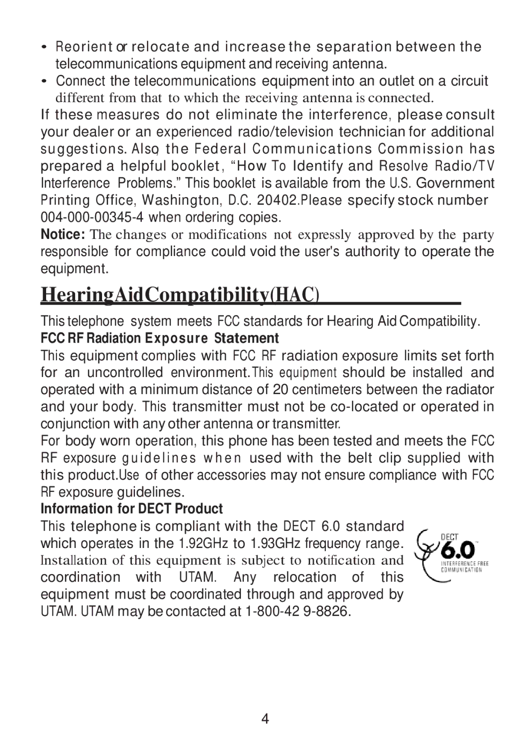 RCA 2101-4, 2101-2, 2101-3 HearingAidCompatibilityHAC, FCC RF Radiation Exposure Statement, Information for Dect Product 