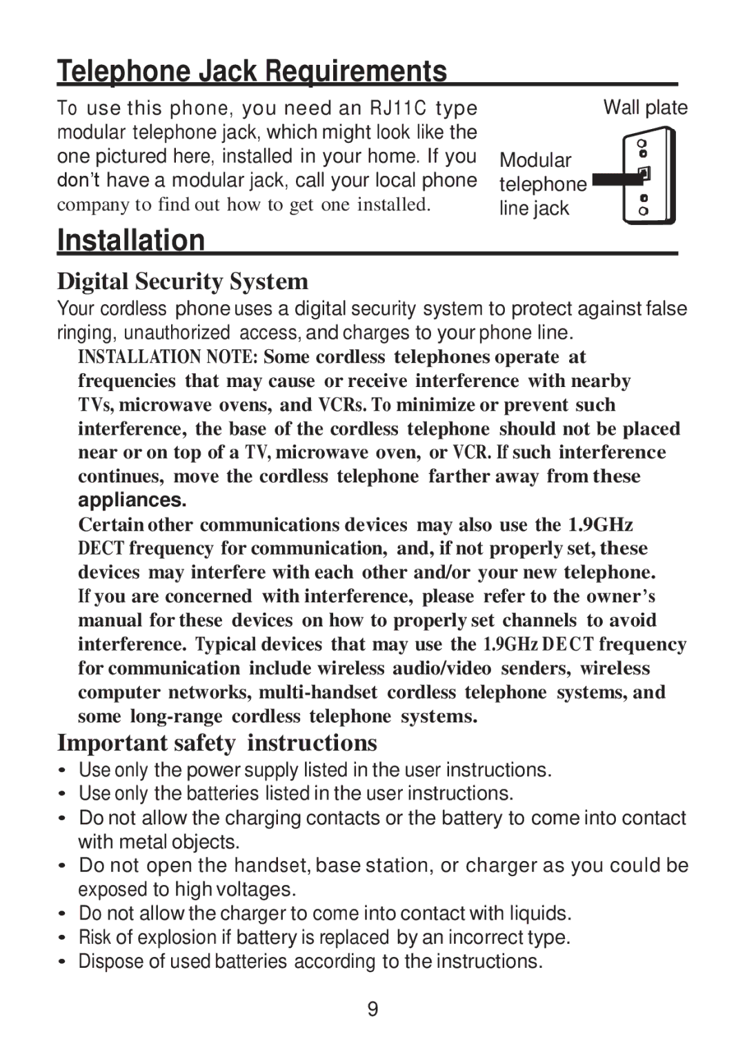 RCA 2101-2, 2101-4 manual Telephone Jack Requirements, Installation, Digital Security System, Important safety instructions 