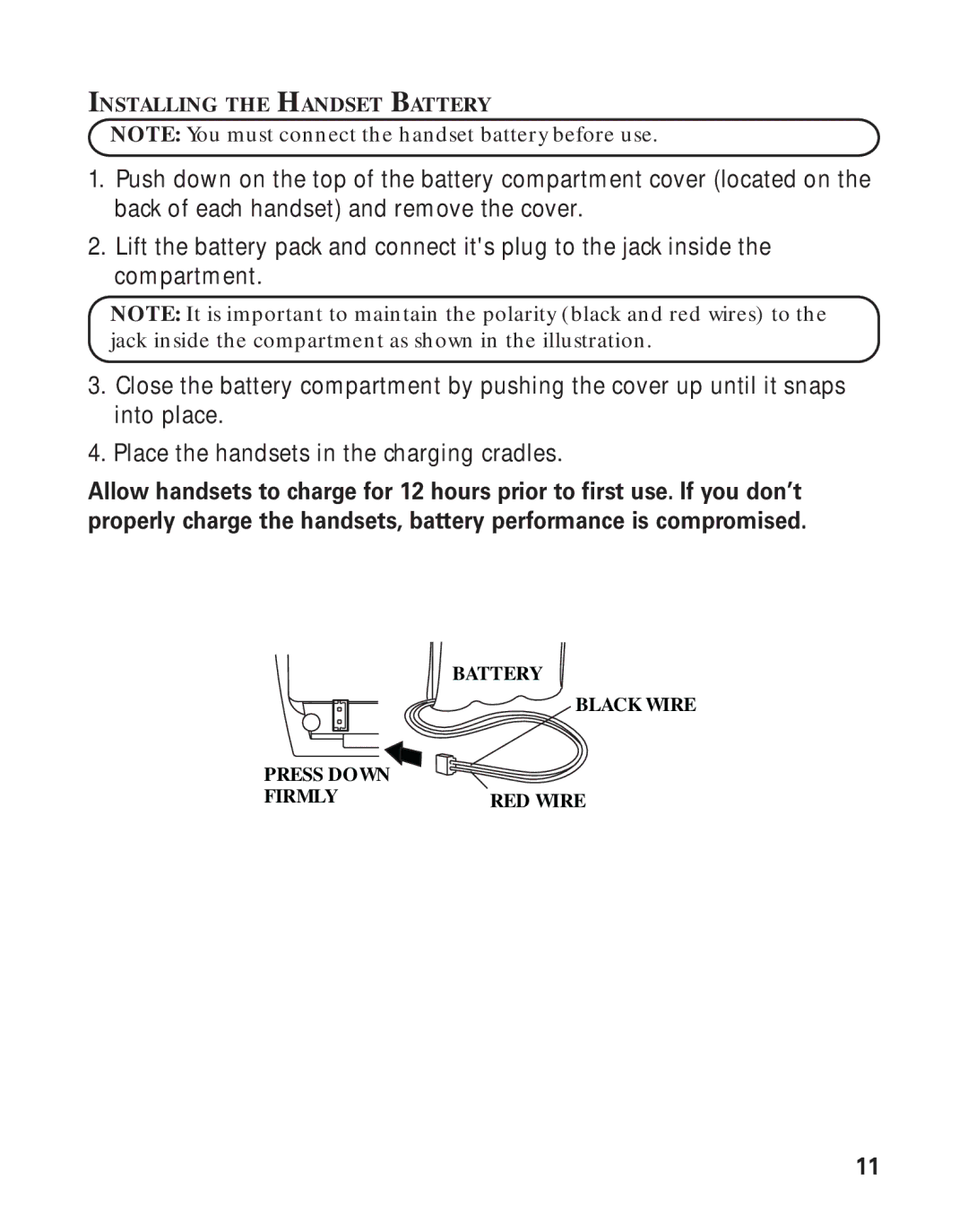 RCA 21011 manual Installing the Handset Battery 