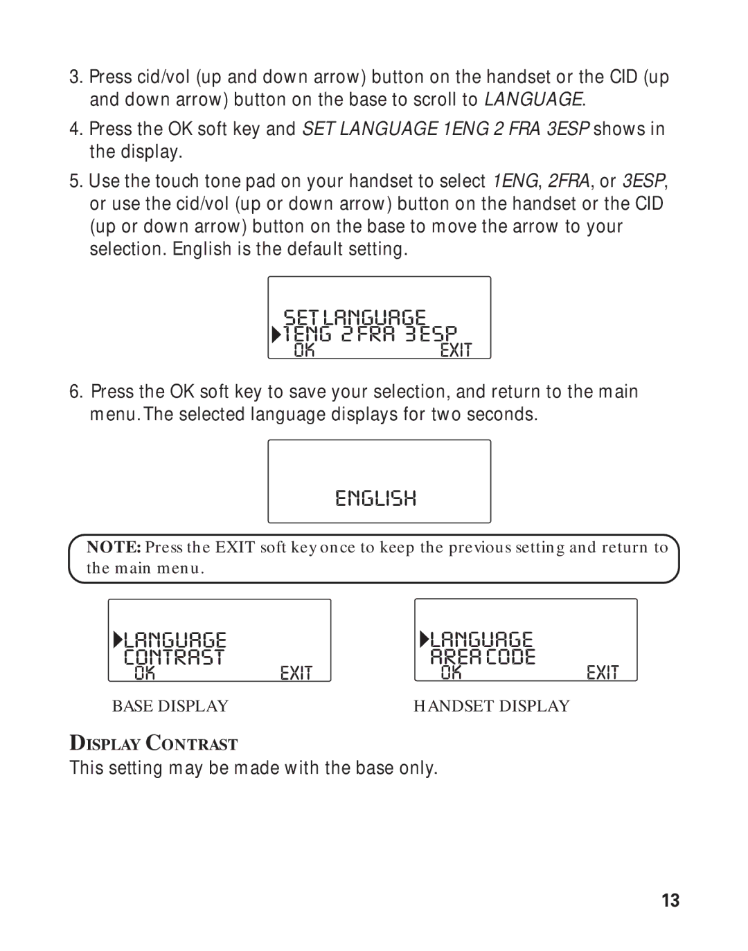 RCA 21011 manual English, Setlanguage 1ENG 2FRA 3ESP, Language Contrast, Exit 