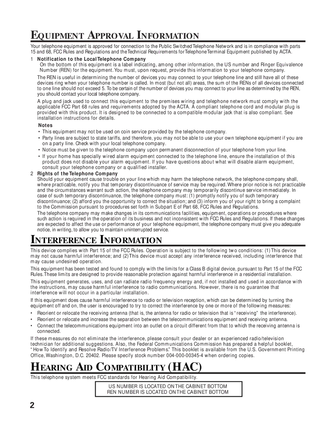 RCA 21011 manual Equipment Approval Information, Notification to the LocalTelephone Company 