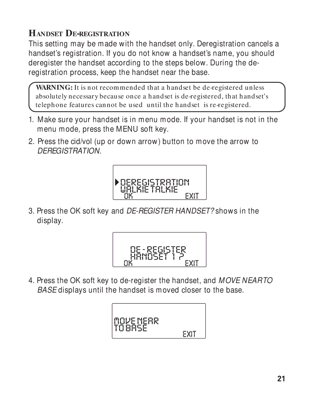 RCA 21011 manual Movenear Tobase, Deregistration Walkietalkie, DE-REGISTER Handset 1 ? 