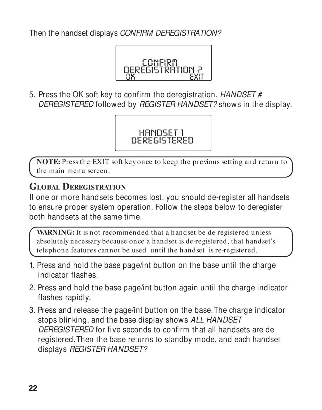 RCA 21011 manual Handset Deregistered, Confirm Deregistration ? 