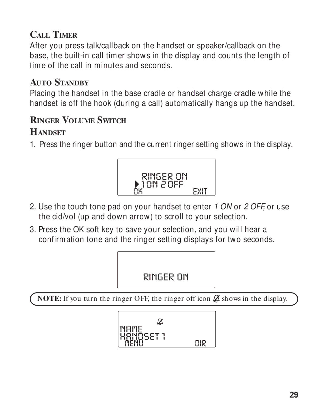 RCA 21011 manual Ringer on, Name Handset 