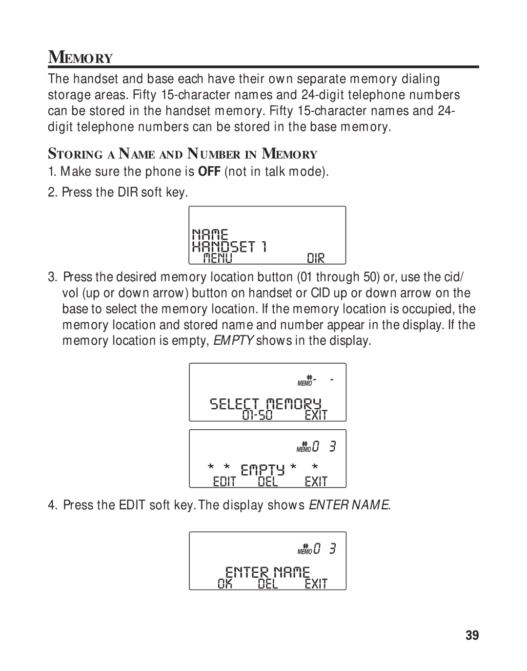 RCA 21011 manual Select Memory, Edit DEL Exit 