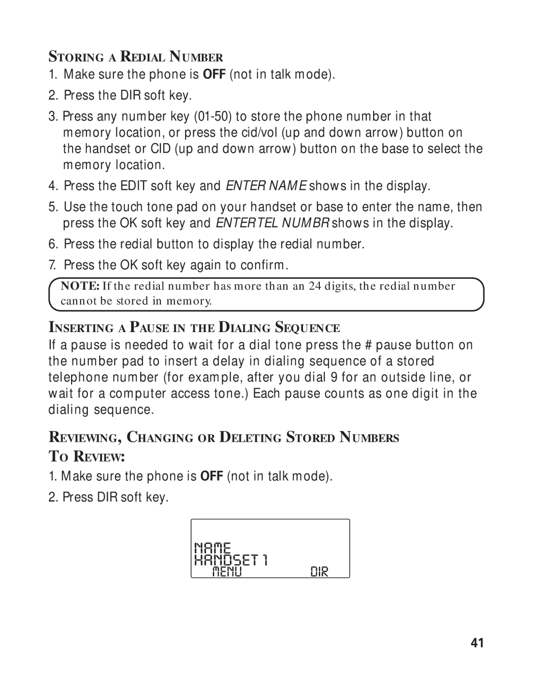 RCA 21011 manual Storing a Redial Number 