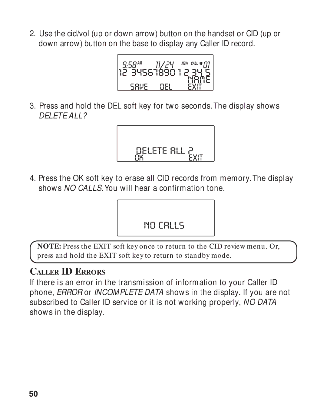 RCA 21011 manual No Calls, Delete ALL ? 