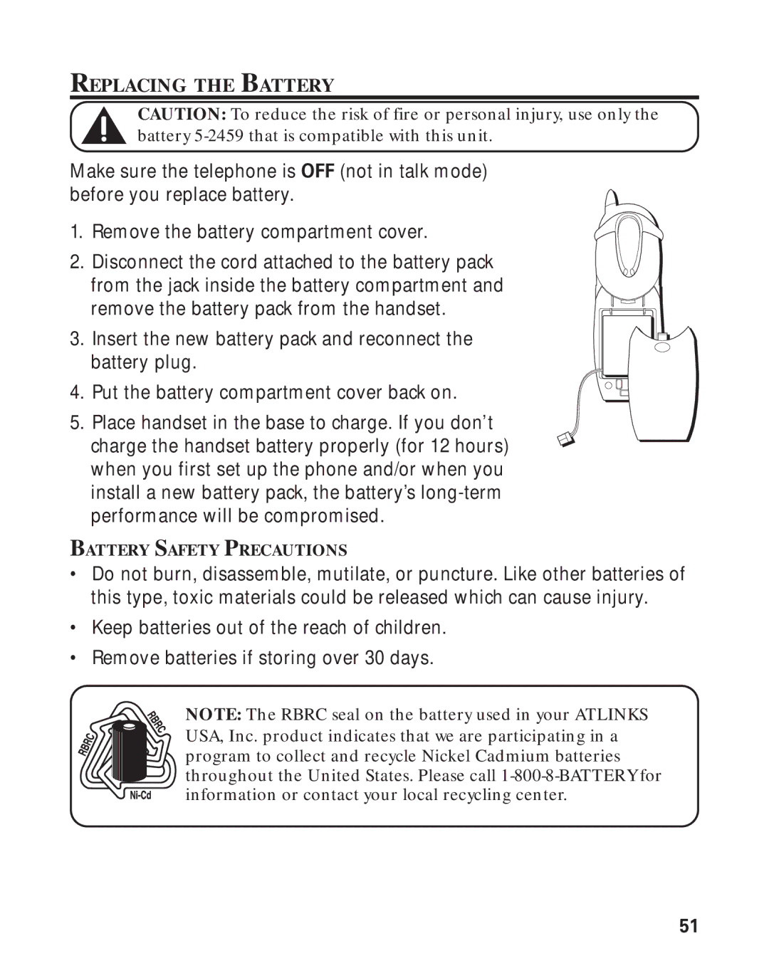 RCA 21011 manual Replacing the Battery 