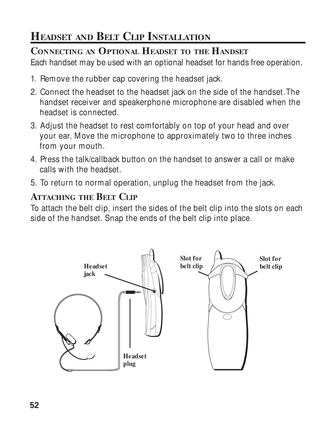 RCA 21011 manual Headset and Belt Clip Installation 