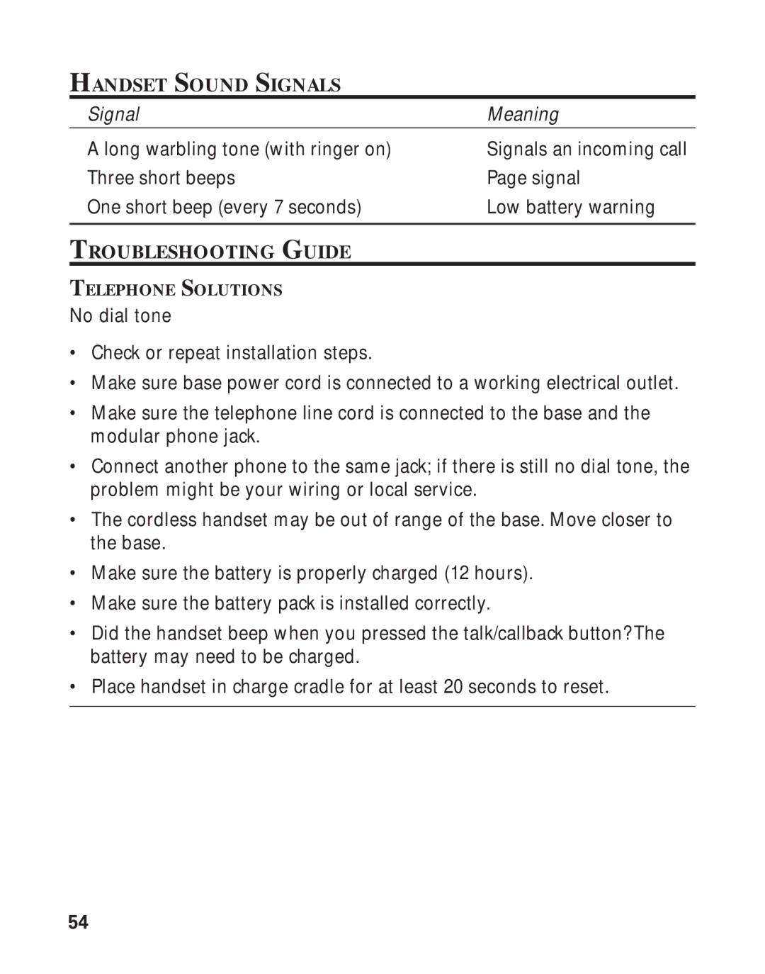 RCA 21011 manual Handset Sound Signals, Troubleshooting Guide 