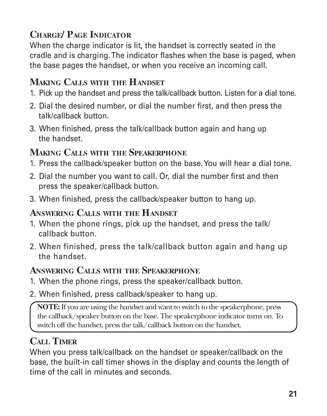 RCA 21015 manual CHARGE/PAGE Indicator, Making Calls with the Handset, Making Calls with the Speakerphone, Call Timer 