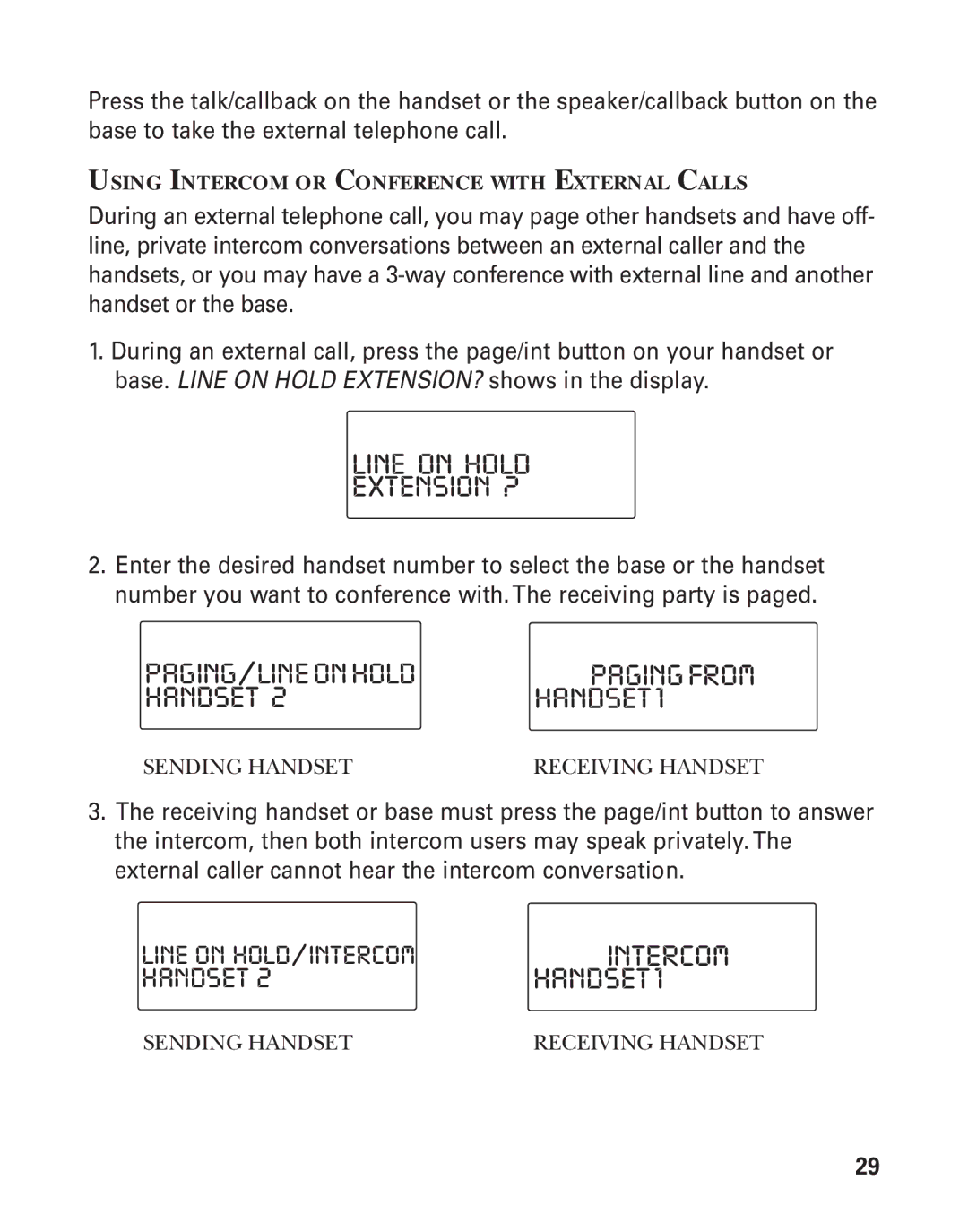 RCA 21015 manual Paging/Lineonhold, Handset HANDSET1, Using Intercom or Conference with External Calls 