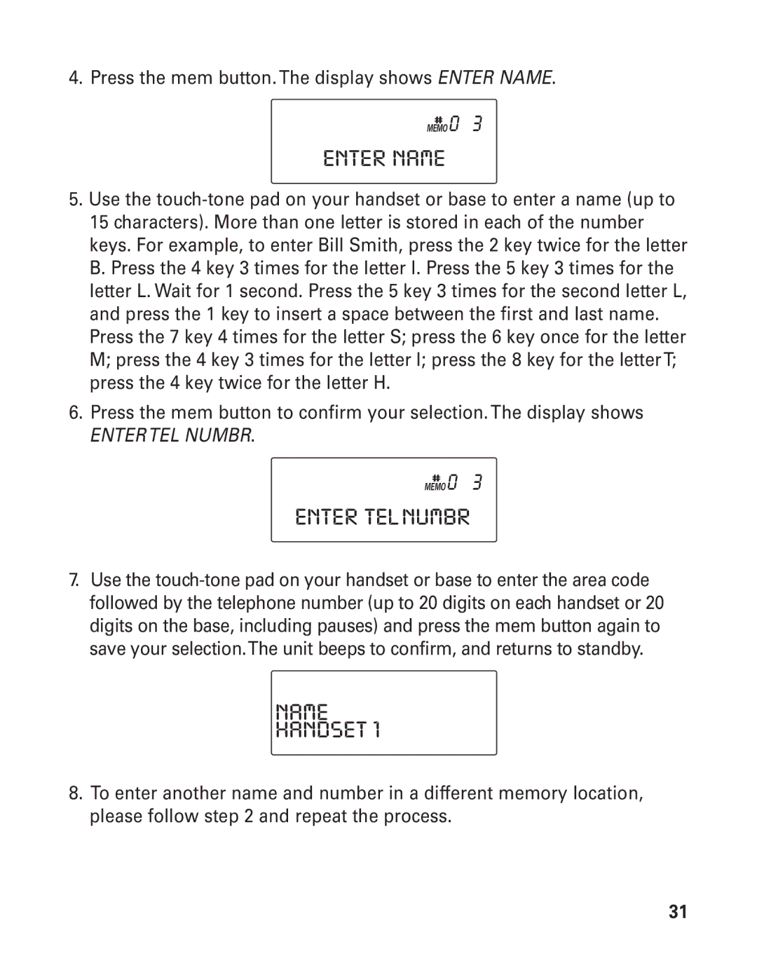 RCA 21015 manual Enter Name, Name Handset 